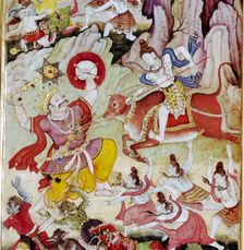 Siva destroys the demon Andhaka, Harivamsa manuscript, Mughul, c1590