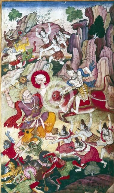 Siva destroys the demon Andhaka, Harivamsa manuscript, Mughul, c1590.  Artist: Unknown.