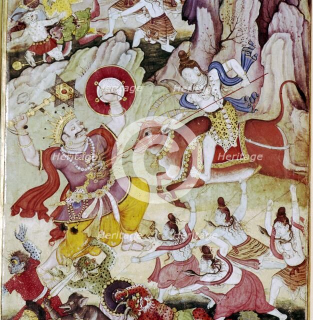 Siva destroys the demon Andhaka, Harivamsa manuscript, Mughul, c1590. Artist: Unknown.