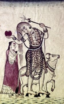 Siva, followed by his consort Parvati, walking with the Bull, Nandi, c1730