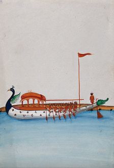 Six men row a long boat with a domed canopy, shaped as a peacock in the... (between 1800 and 1899?). Creator: Unknown