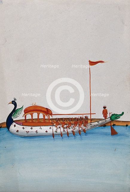 Six men row a long boat with a domed canopy, shaped as a peacock in the... (between 1800 and 1899?). Creator: Unknown.