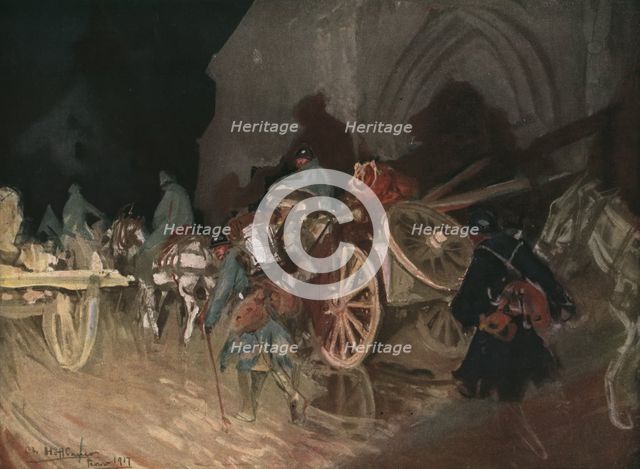'Six Mois Dans la Somme; Releve d'infanterie de nuit un village', 1916. Creator: Charles Hoffbauer.