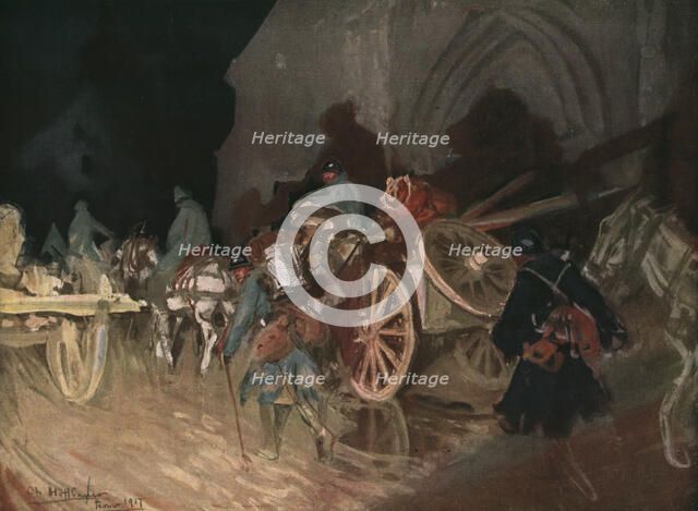 'Six Mois Dans la Somme; Releve d'infanterie de nuit un village', 1916. Creator: Charles Hoffbauer.