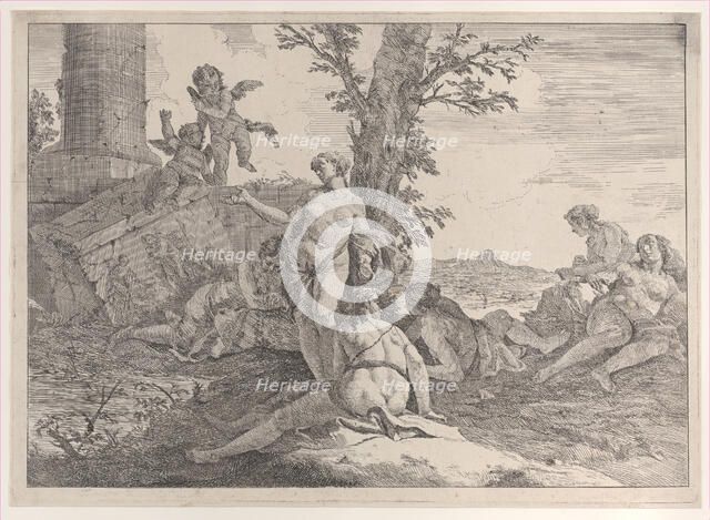 Six nymphs and two putti, from "Bacchanals and Histories", 1744. Creator: Francesco Fontebasso.