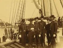 Six naval officers, full-length portrait, standing on deck of ship, 1894 or 1895. Creator: Alfred Lee Broadbent