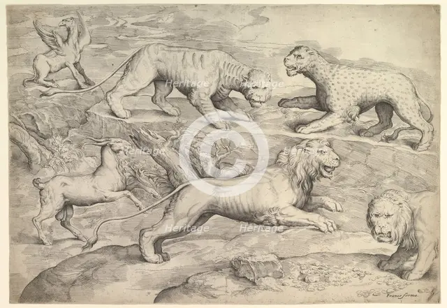 Six Animals, including lions, a tiger, a leopard, a griffin, and a goat, ca. 1530-61. Creator: Battista Franco Veneziano.