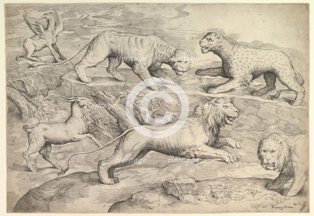 Six Animals, including lions, a tiger, a leopard, a griffin, and a goat, ca. 1530-61. Creator: Battista Franco Veneziano.