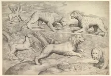 Six Animals, including lions, a tiger, a leopard, a griffin, and a goat, ca. 1530-61. Creator: Battista Franco Veneziano