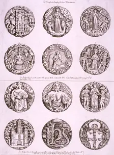 Six bosses on the vaulting of the undercroft and cloisters of St Stephen's Chapel, 1790. Artist: Anon