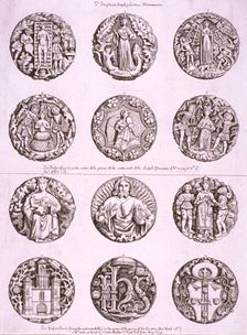 Six bosses on the vaulting of the undercroft and cloisters of St Stephen's Chapel, 1790. Artist: Anon