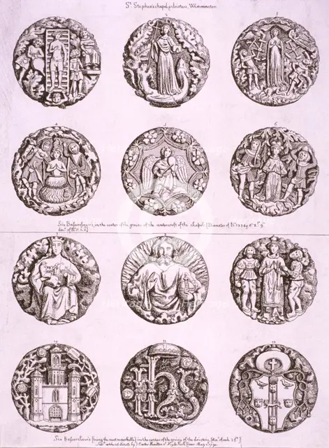Six bosses on the vaulting of the undercroft and cloisters of St Stephen's Chapel, 1790. Artist: Anon