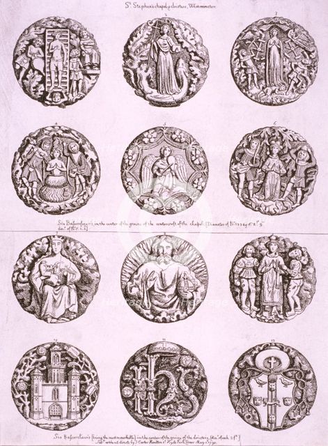 Six bosses on the vaulting of the undercroft and cloisters of St Stephen's Chapel, 1790. Artist: Anon