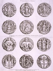 Six bosses on the vaulting of the undercroft and cloisters of St Stephen's Chapel, 1790. Artist: Anon