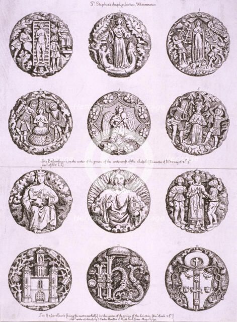 Six bosses on the vaulting of the undercroft and cloisters of St Stephen's Chapel, 1790. Artist: Anon