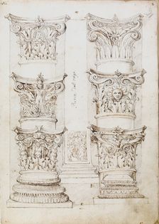 Six capitals, a lesene and two column bases, c1512-1517. Artist: Master of the Oxford Album