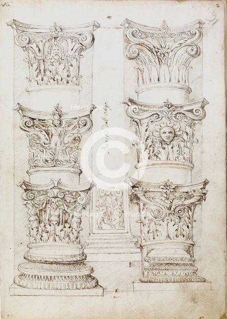 Six capitals, a lesene and two column bases, c1512-1517. Artist: Master of the Oxford Album.