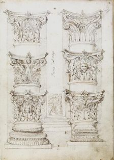 Six capitals, a lesene and two column bases, c1512-1517. Artist: Master of the Oxford Album