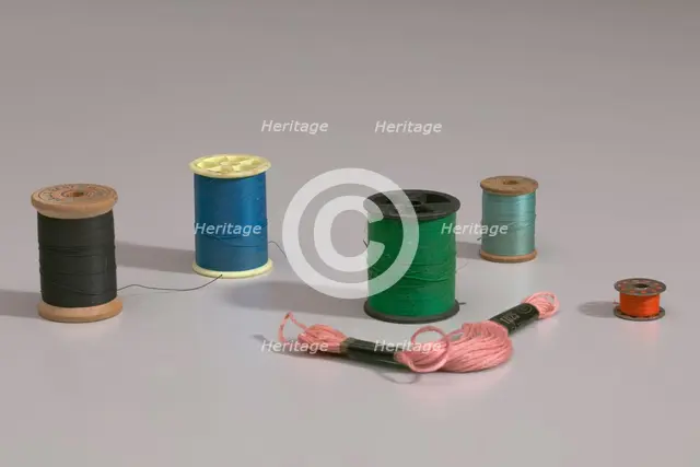 Six colors of thread from Mae's Millinery Shop, 1941-1994. Creator: Unknown.