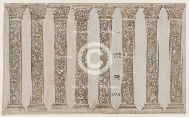 Six Corinthian pilasters for the Triumph, from The Triumph of Julius Caesar, 1598. Creator: Bernardo Malpizzi.