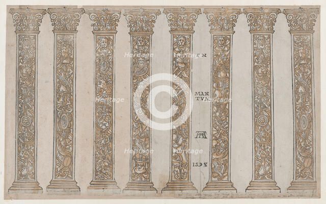 Six Corinthian pilasters for the Triumph, from The Triumph of Julius Caesar, 1598. Creator: Bernardo Malpizzi.