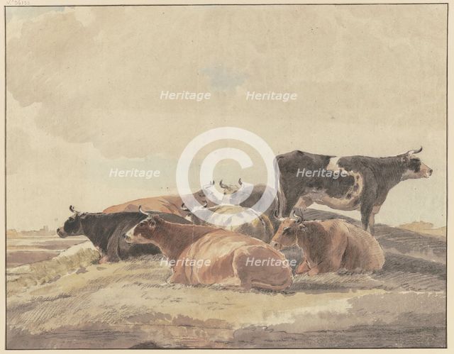 Six cows lying down and one standing on a hill. Creator: Andries Vermeulen.