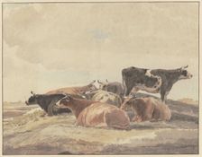 Six cows lying down and one standing on a hill. Creator: Andries Vermeulen