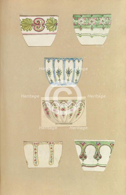Six Designs for Decorated Cups, 1845-55. Creator: Alfred Crowquill.