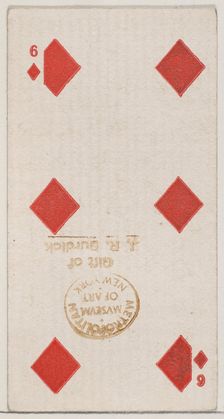 Six Diamonds (red), from the Playing Cards series (N84) for Duke brand cigarettes, 1888., 1888. Creator: Unknown