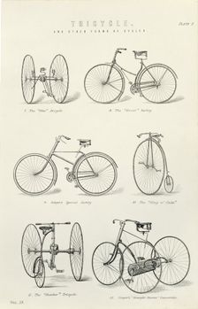 Six early forms of bicycles and tricycles, 19th century. Creator: Unknown