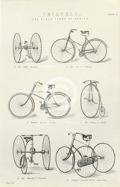 Six early forms of bicycles and tricycles, 19th century. Creator: Unknown.