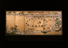 Six-fold screen depicting a military dog-chasing game, 17th century (1601 - 1700). Creator: Unknown