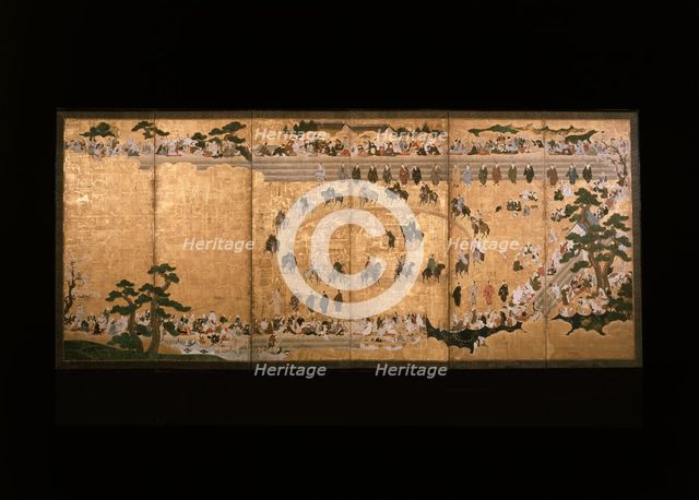 Six-fold screen depicting a military dog-chasing game, 17th century (1601 - 1700). Creator: Unknown.