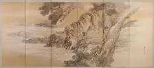 Six-fold screen depicting a drinking tiger, 1749-1838. Artist: Kishi Ganku