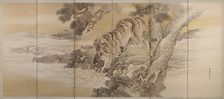 Six-fold screen depicting a drinking tiger, 1749-1838. Artist: Kishi Ganku