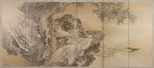 Six-fold screen depicting a roaring tiger, 1749-1838. Artist: Kishi Ganku