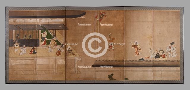 Six-fold screen depicting acrobats performing before a rich household, early - mid-17th century. Creator: Unknown.