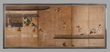 Six-fold screen depicting acrobats performing before a rich household, early - mid-17th century. Creator: Unknown