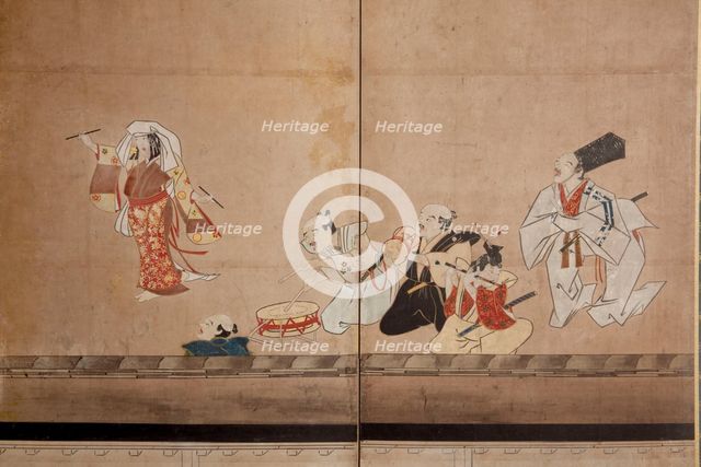 Six-fold screen depicting acrobats performing before a rich household, early - mid-17th century. Creator: Unknown.