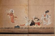 Six-fold screen depicting acrobats performing before a rich household, early - mid-17th century. Creator: Unknown