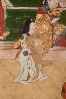Six-fold screen depicting acrobats performing before a rich household, early - mid-17th century. Creator: Unknown