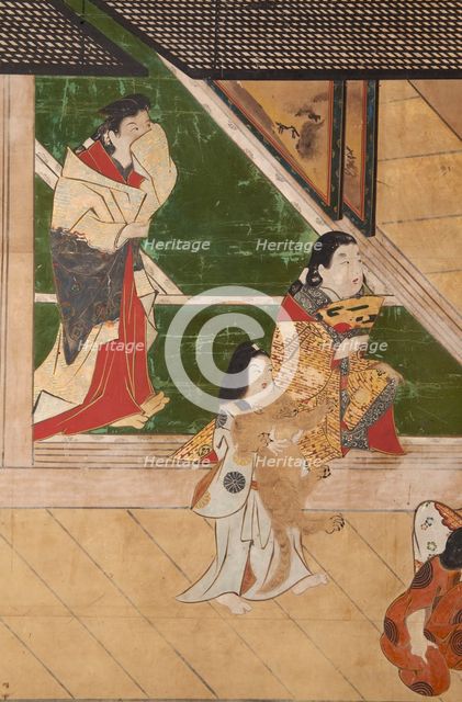 Six-fold screen depicting acrobats performing before a rich household, early - mid-17th century. Creator: Unknown.