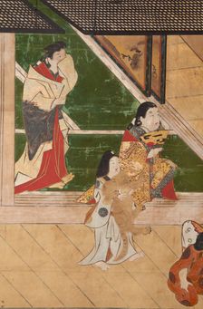 Six-fold screen depicting acrobats performing before a rich household, early - mid-17th century. Creator: Unknown