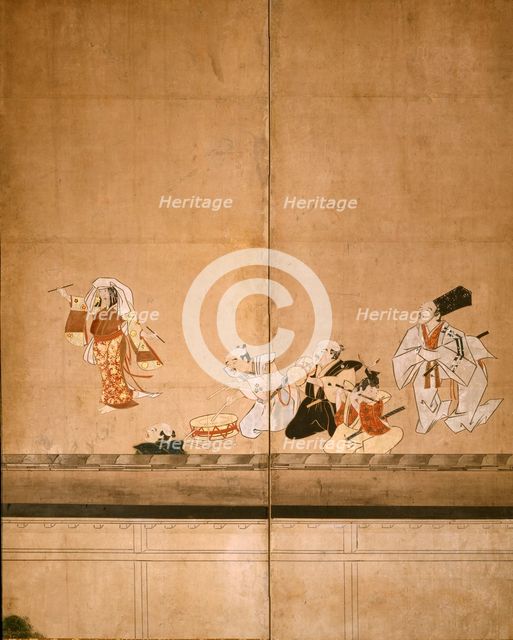 Six-fold screen depicting acrobats performing before a rich household, early - mid-17th century. Creator: Unknown.