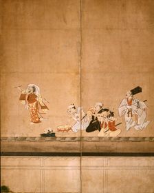 Six-fold screen depicting acrobats performing before a rich household, early - mid-17th century. Creator: Unknown
