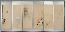 Six-fold screen depicting creatures and flowers of the twelve months, 1900. Creator: Watanabe Seitei