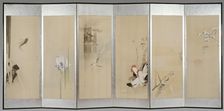 Six-fold screen depicting creatures and flowers of the twelve months, 1900. Creator: Watanabe Seitei