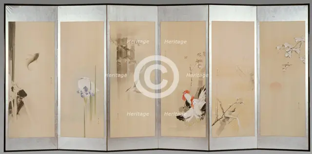 Six-fold screen depicting creatures and flowers of the twelve months, 1900. Creator: Watanabe Seitei.