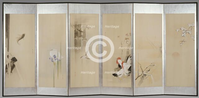 Six-fold screen depicting creatures and flowers of the twelve months, 1900. Creator: Watanabe Seitei.