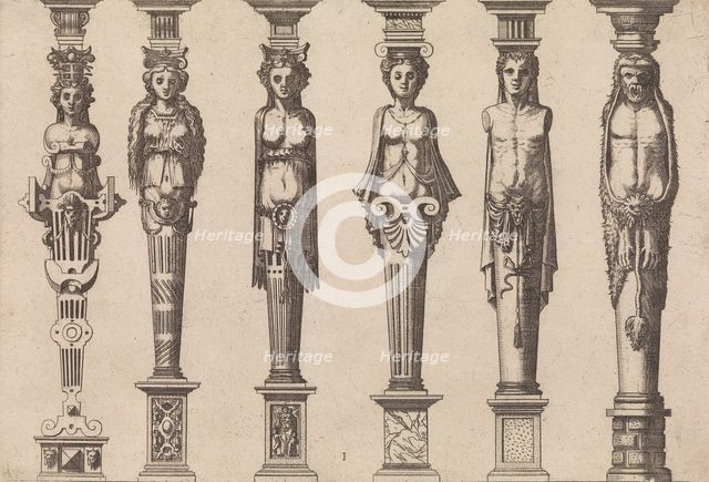Six herms, four female and two male, with Hercules at far right, ca. 1565. Creators: Johannes van Doetecum I, Lucas van Doetecum.